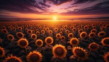 Images Of A Field Of Sunflowers At Sunrise, Their Petals Glistening From The Morning Dew.