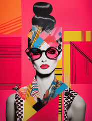 Wall Mural - Pop collage Illustration of a beautiful female fashion model with sunglasses over colorful and vibrant patterns and shapes, Fashion, pop art	
