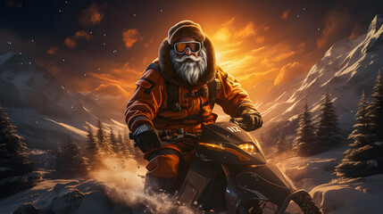 Santa Claus in winter attire riding a snowmobile on powder snow while the sun sets