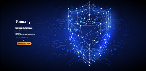 Poster - Shield 3d low poly symbol with connected dots for blue landing page. Guard shield. Cyber security concept with glowing low poly shield on dark blue background.