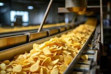 Wall Mural - Chips factory. Production conveyor line. Background with selective focus and copy space