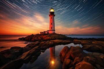 Wall Mural - Lighthouse on the seashore. Background with selective focus and copy space