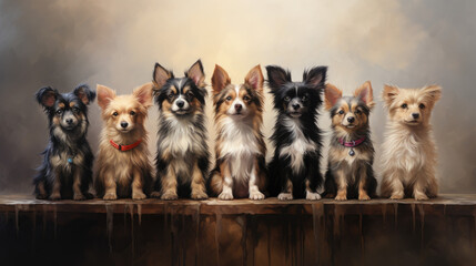 Wall Mural - Seven young dogs sit next to each other