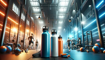 Wall Mural - Wide photo of blank modern sport drink bottles prominently displayed in the foreground, showcasing a cool blue and energy orange color scheme.