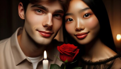 Wall Mural - A close-up of a young couple with diverse ethnic backgrounds, their faces illuminated by the soft glow of a candle.