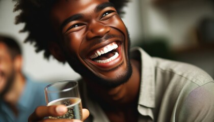 A close-up of a young Black man laughing heartily as he shares a light-hearted joke with friends.