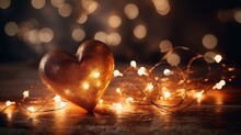 Happy New Year Message With A White Heart With Heart Shaped Lights. Merry Christmas Bokeh Effect Background, Happy New Year. Happy New Year And Happy Winter Holidays Concept