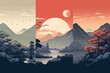 Illustration of Japanese-style mountains, forest, and hilly terrain. Depicts nature in Asian culture, the times of samurai, moon, rocks, and the land of the rising sun. Generative AI