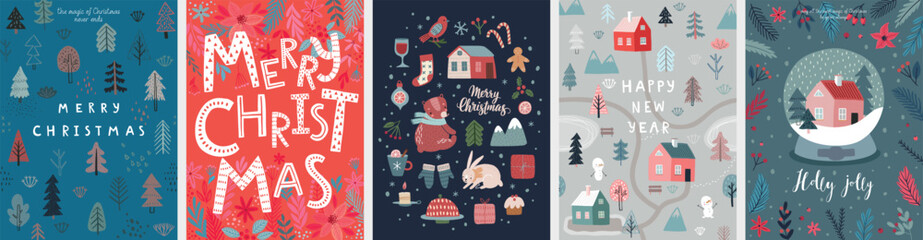 Wall Mural - Christmas card set - hand drawn cute flyers. Postcards with lettering and Christmas graphic elements. Xmas prints.