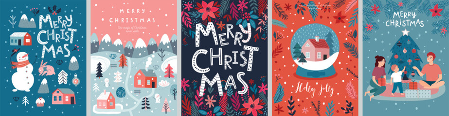 Canvas Print - Christmas card set - hand drawn cute flyers. Postcards with lettering and Christmas graphic elements. Xmas prints.