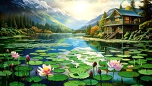Beautiful Lake With Lotus Flower And  Leaves, And House  Video Background Looping For Live Wallpaper 