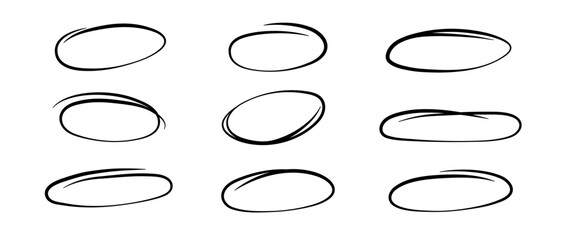 Poster - Smooth highlight circles set. Doodle and scribble ellipses collection. Black hand drawn ovals or bubbles for emphasis. Sketchy round elements for collage, poster, banner, cover. Vector pack