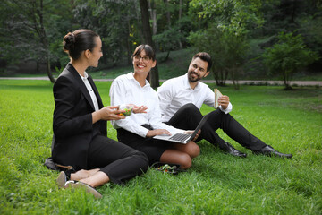 Canvas Print - Happy colleagues with laptop having business lunch on green grass in park