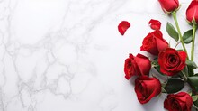 Beautiful Red Roses On White Marble Table