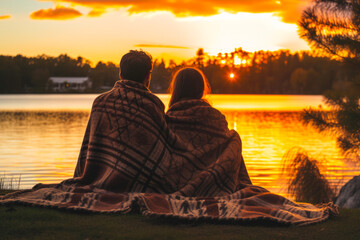 A couple wrapped in a warm blanket and sitting by a lake, enjoying a serene sunset