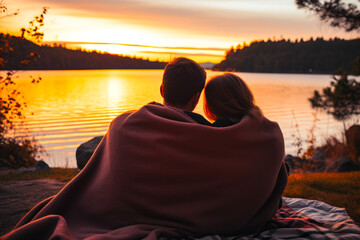 A couple wrapped in a warm blanket and sitting by a lake, enjoying a serene sunset