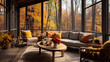 Screened porch with modern furniture, vase of flowers, autumn leaves and woods in the background, creating a cozy atmosphere.