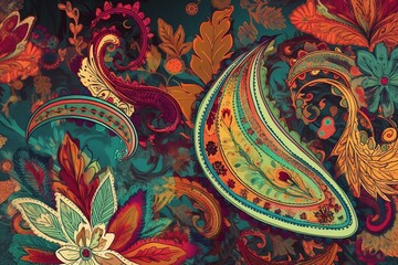 Wall Mural - Vibrant paisley design, foliage and natural elements, formed using advanced techniques. Generative AI