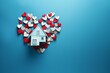 Bird's-eye view of a house adorned with paper hearts on a blue backdrop. Symbolizes love, Valentine's Day, family, wedding, real estate, construction, and life. Generative AI