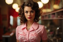 Model Portraying A 1950s Diner Scene, In Vibrant Rockabilly Style.