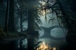 Mysterious waterside surrounded by dense foggy trees. Generative AI