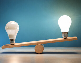 Two lightbulbs on a seesaw - 3D render