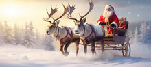 Santa Claus And Reindeer Sleighing Through The Snow