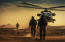 Soldiers On A Desert Battlefield, With Helicopters In The Background