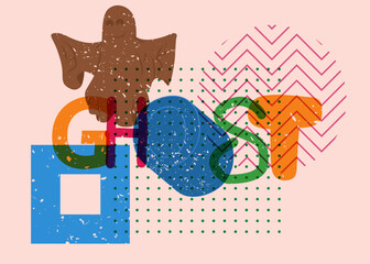 Poster - Risograph Ghost word with geometric shapes. Holiday Halloween trendy riso graph design.