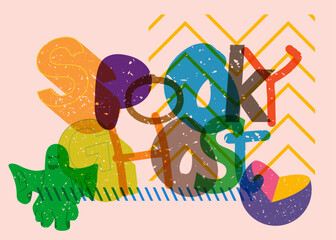 Poster - Risograph Spooky Ghost word with geometric shapes. Holiday Halloween trendy riso graph design.
