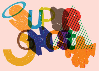 Poster - Risograph Super Ghost word with geometric shapes. Holiday Halloween trendy riso graph design.