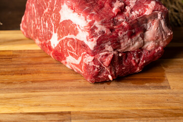 Close-up beef raw red steak on wooden board background.Meat texture.