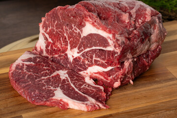 Close-up beef raw red steak on wooden board background.Meat texture.