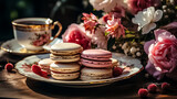 Aesthetic brunch of tea time, herbal tea and macarons dessert outside in the terrace under trendy hard shadows. Sweet desserts, natural herbal tea - natural sustainable eco-friendly lifestyle on table