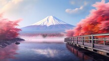 Colorful Autumn Season And Mountain Fuji With Morning Fog And Red Leaves At Lake Kawaguchiko Is One Of The Best Places
