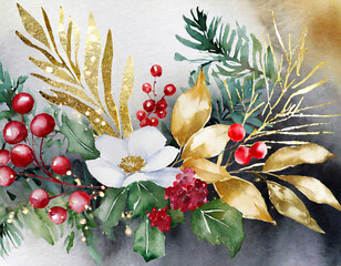 Wall Mural - Christmas arrangements. Watercolor design for holiday. Berries, gold and herbs