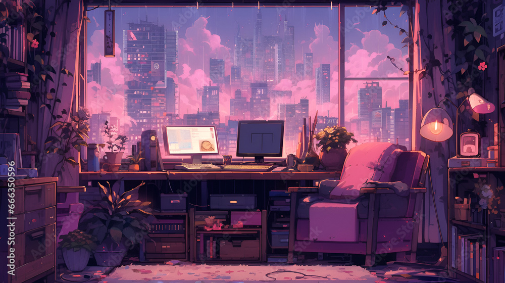 cyberpunk lofi living room with study table, anime style, 80s