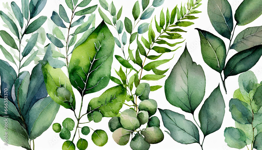 Green clipart leaves, eucalyptus leaves and forest herbs, watercolor ...