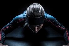 Cyclist In Sportswear Posing On A Black Background, Fitness Girl Rear View With Arms Stretched Out, Detailed Muscles, AI Generated