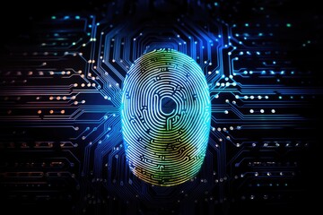 Poster - Fingerprint on electronic circuit board. Biometric security concept. 3D Rendering, Fingerprint scan provides security access with biometrics identification, AI Generated