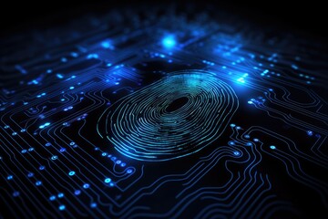 Poster - Fingerprint scan on the electronic circuit board. 3d rendering, Fingerprint scan provides security access with biometrics identification, AI Generated