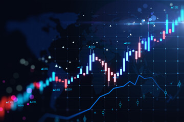 Poster - Creative glowing candlestick forex chart and map on blurry grid backdrop. Trade, finance and growing market concept. 3D Rendering.