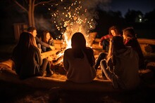 Group Of Young Friends Sitting Near Bonfire At Night. Camping Concept, Friends Sitting In Front Of A Bonfire, Top Section Cropped, No Visible Faces, AI Generated