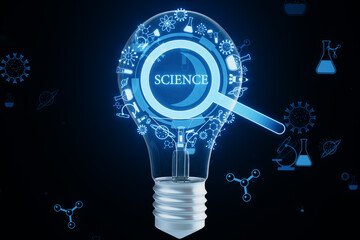 Aufkleber - Creative light bulb with glowing magnifier hologram on dark background. Science, idea, research and medicine concept. 3D Rendering.