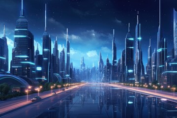 night scene of modern city with light trails and skyscrapers, Futuristic city at night, 3D rendering. Computer digital drawing, AI Generated