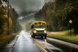 Image of a rural area school bus on the highway in Washington. Generative AI