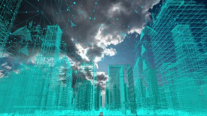 Poster - Futuristic city skyline, artificial intelligence, internet of things, aerial view of future city, holographic city. interweaving of lines and dots, video loop, 4k video, beautiful time lapse