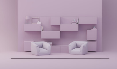 Minimal shelf on the backdrop and two armchair on pastel pink background. Creative composition. Light background with copy space. 3D render for web page, presentation, studio, store fashion	