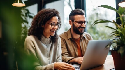 Two happy professional business people team woman and man workers working using digital tablet tech discussing financial market data standing at corporate office meeting.