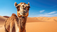 A Camel Walks Against A Sunset In The Sand Desert